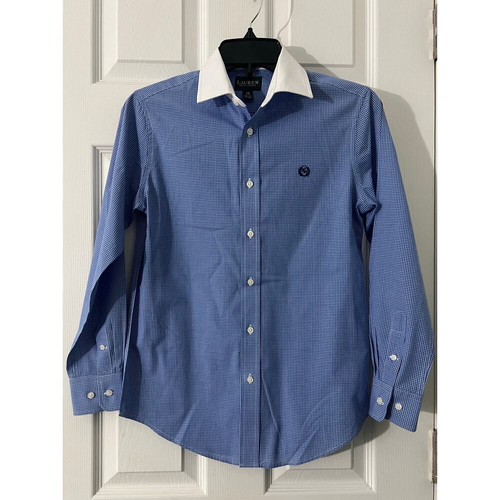 Lauren Ralph Lauren Button Down Long Sleeve Youth Boys Large 14/16 Blue Gingham